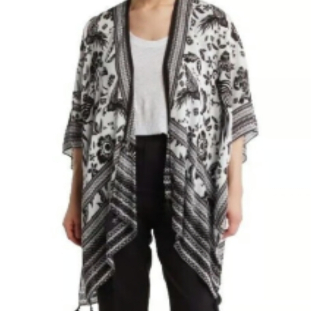 Vince Camuto Black and White Floral Bird  Kimono Cardigan One Size